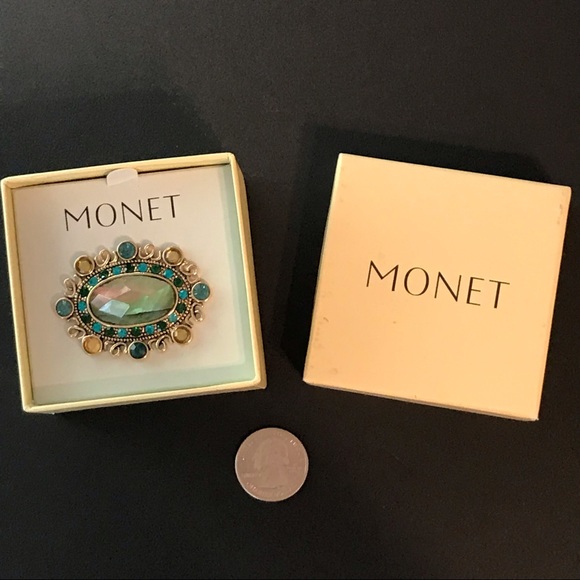 MONET stunning oval teal and gold stone pin brooch like new IOB - Picture 2 of 6